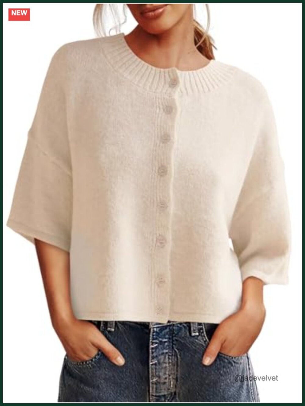 Womens 3/4 Sleeve Button Down Cropped Cardigan Knit Sweater